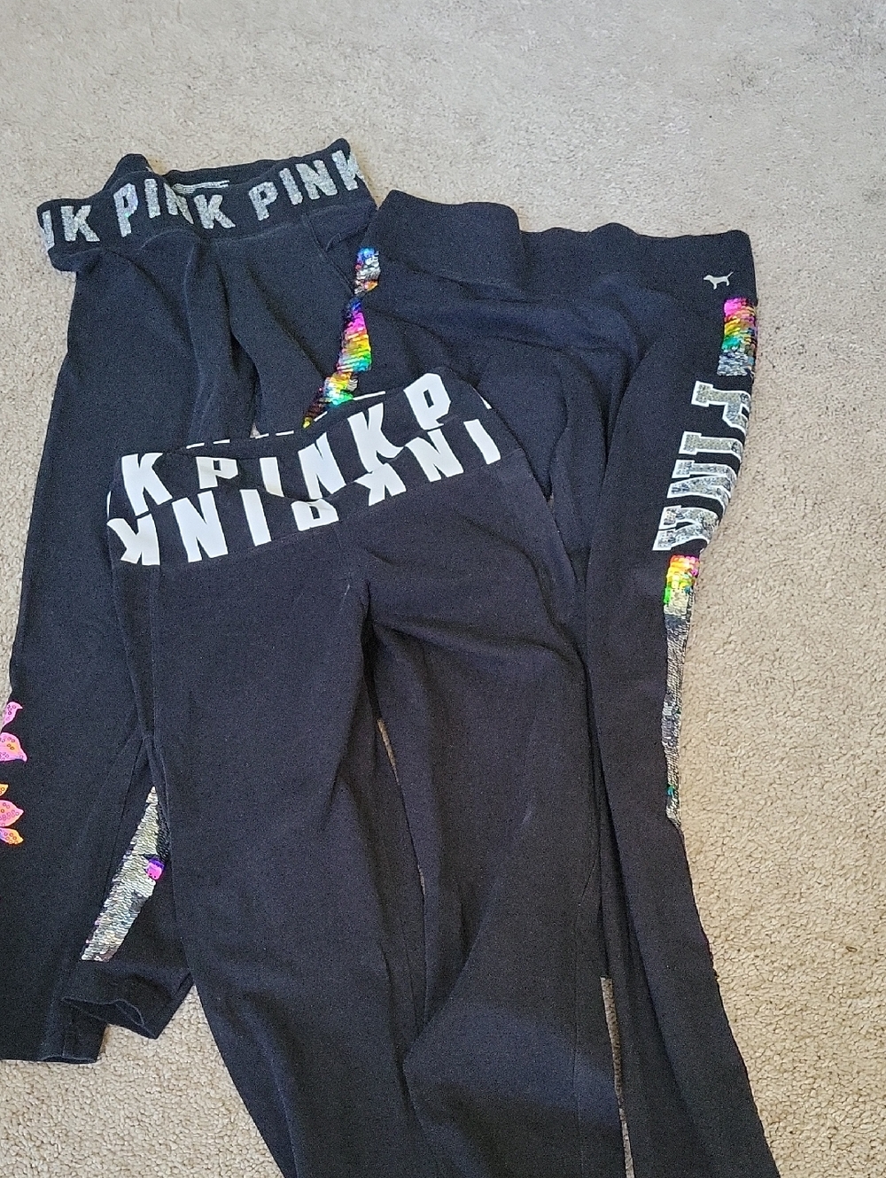 PINK Victoria's Secret Black Leggings with Rainbow Sequin Side Panels
